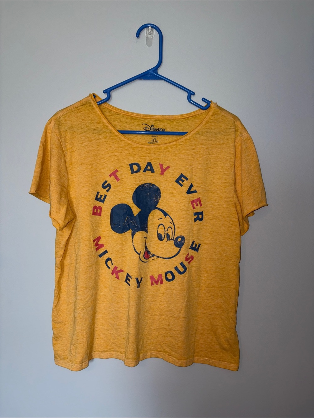 Disney Yellow Mickey Mouse 'Best Day Ever' Graphic Tee Large 12/14